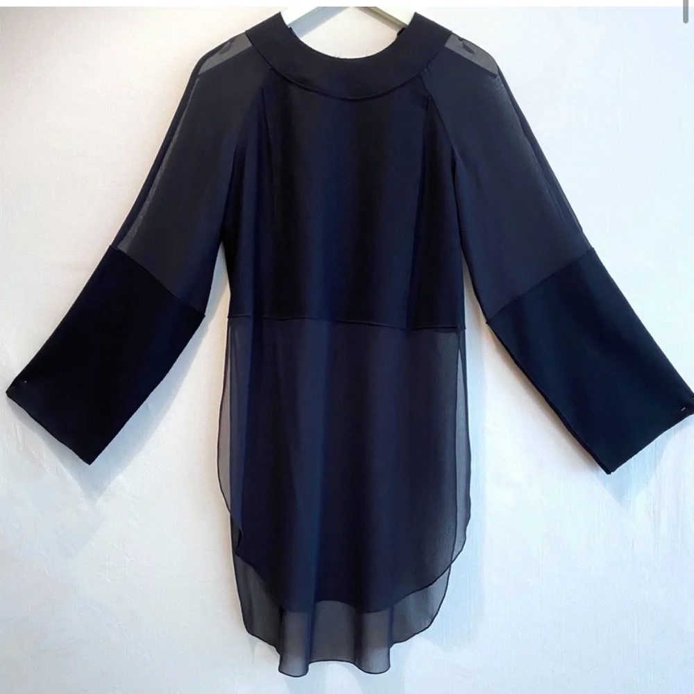 COS Silk Chiffon Top with Bonded Wool Panels in Navy - Picture 1 of 10